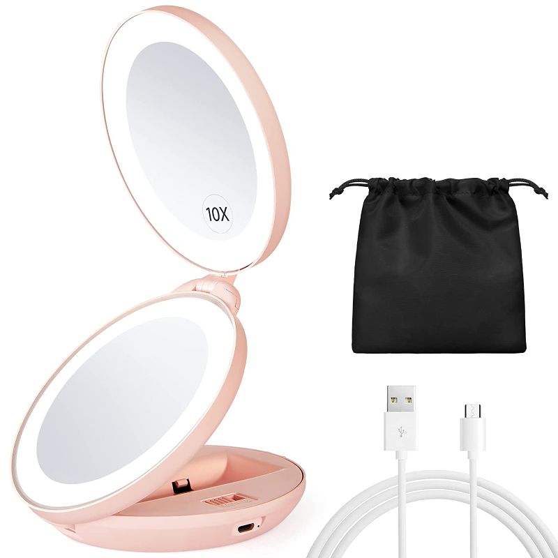 Photo 1 of KEDSUM Upgraded Rechargeable Lighted Travel Makeup Mirror, 1X/10X Travel Magnifying Mirror with Light, Compact Makeup Mirror with LED Lighted, Double Sided Folding Mirror, Daylight, Portable (Pink)