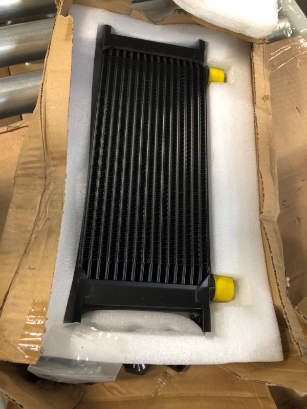 Photo 2 of EVIL ENERGY 16 Row Oil Cooler, 10AN Stacked Plate Transmission Engine Cooler Universal Aluminium Black 16 row with adapter