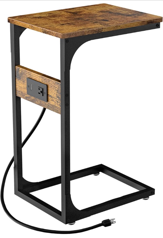 Photo 1 of SUPERJARE C Shaped End Table with Charging Station,  Rustic Brown