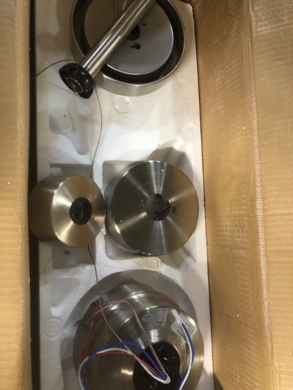 Photo 1 of *FOR PARTS*  RUXUHSNDQ Iron Ceiling Fan, With Light, 3 Wooden Blades, (Nickel+Wood)