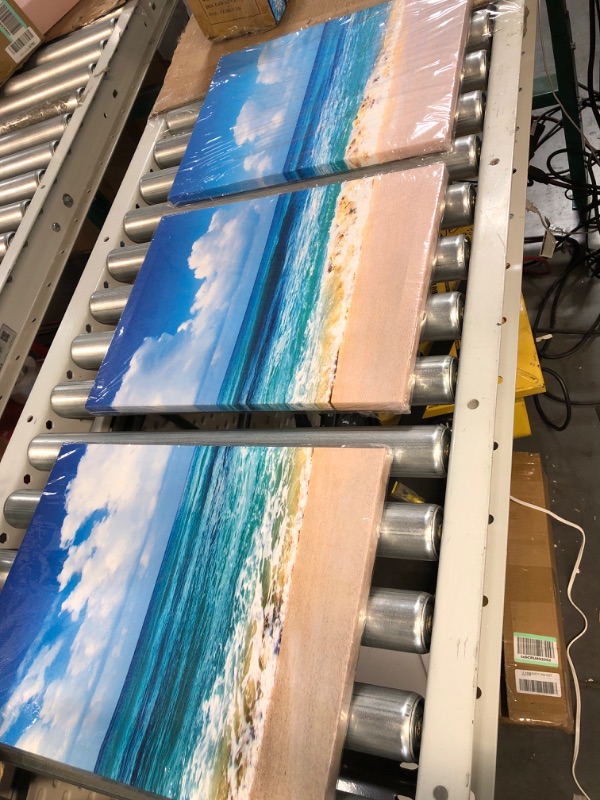 Photo 2 of (SIMILAR TO STOCK PHOTO0 Blue Beach theme Modern Stretched and Framed Seascape 3 PANELS 