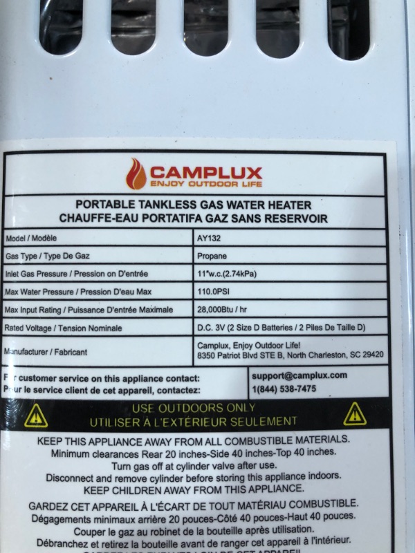 Photo 4 of **MISSING HOSES AND SPRAYERS**
Camplux Tankless Water Heater, 1.32 GPM White