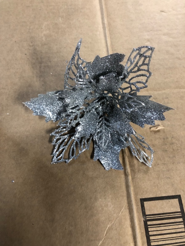 Photo 1 of [New] 12 Pack Christmas Glitter Poinsettia Flowers 2 Styles Ornaments  5.5-inch Silver