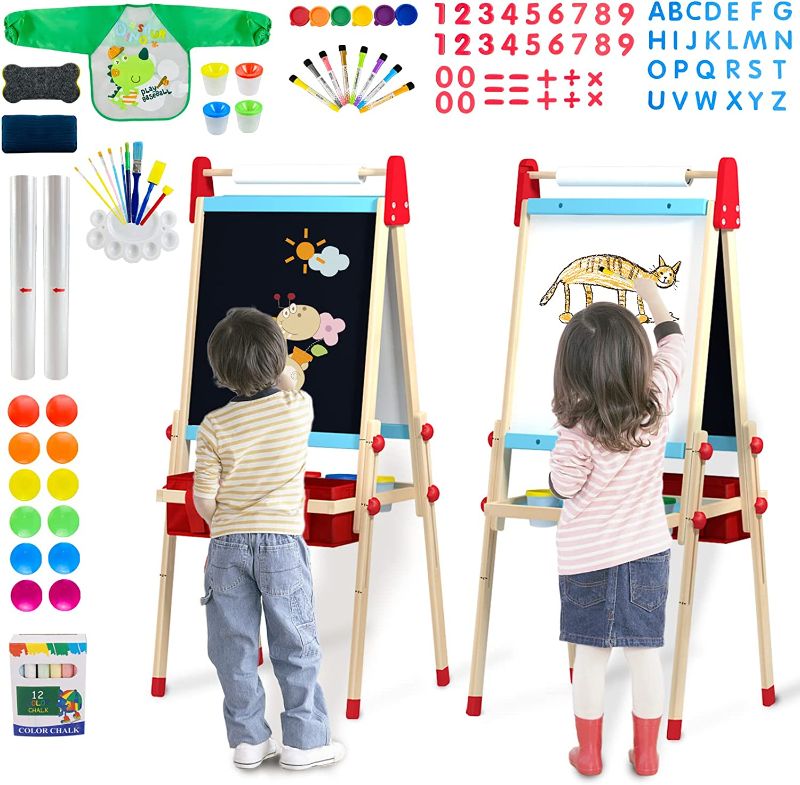 Photo 1 of [Minor Damage] WOOD CITY Easel for Kids, Kids Art Easel with 2 Paper Rolls Magnetic Letters Numbers, 2-12 Year Olds
