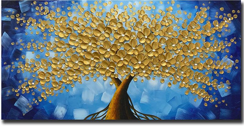 Photo 1 of [Brand New] MUWU Paintings 24x48 Inch Golden Flower Paintings 3D Abstract Paintings Lucky Tree Oil Hand Painting