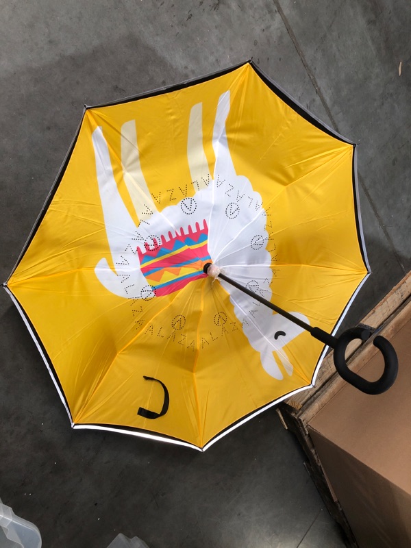 Photo 2 of **USED BUT APPEARS NEW**  OREZI Cartoon Llama Drawing Reverse Umbrella Large Double Layer C-shaped handle Folding Umbrella 