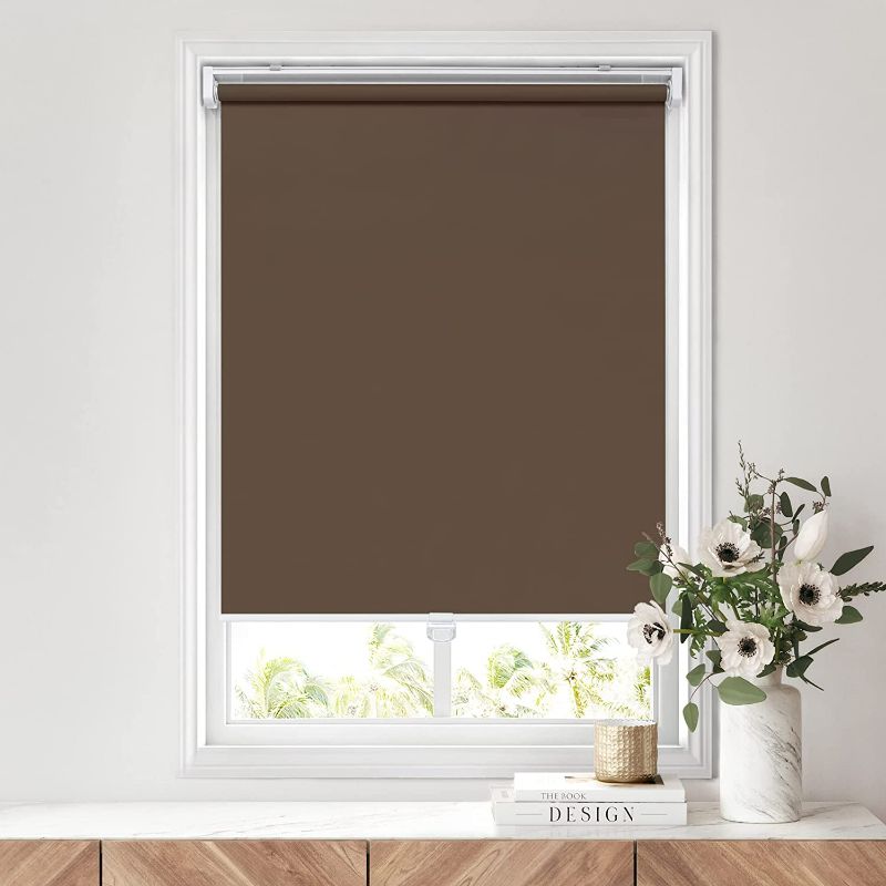 Photo 1 of **USED BUT APPEARS NEW**  LazBlinds No Tools No Drill Cordless Roller Blinds Shades, 100% Blackout, Brown 20'' W x 72'' H