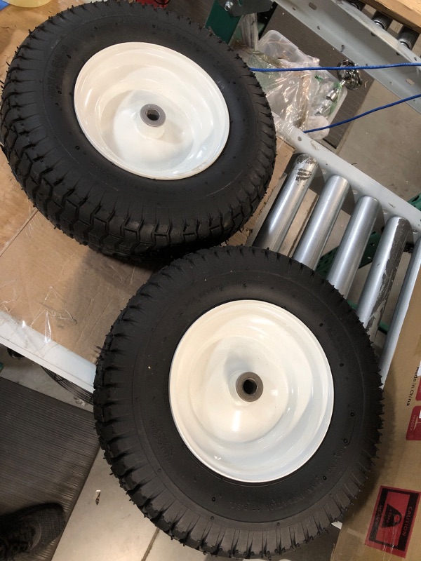 Photo 4 of (2-Pack) 16x6.50-8 Pneumatic Tires on Rim - Universal Fit Riding Mower and Yard Tractor Wheels - With Chevron Turf Treads - 3” Centered Hub and 3/4” Bushings - 615 lbs Max Weight Capacity