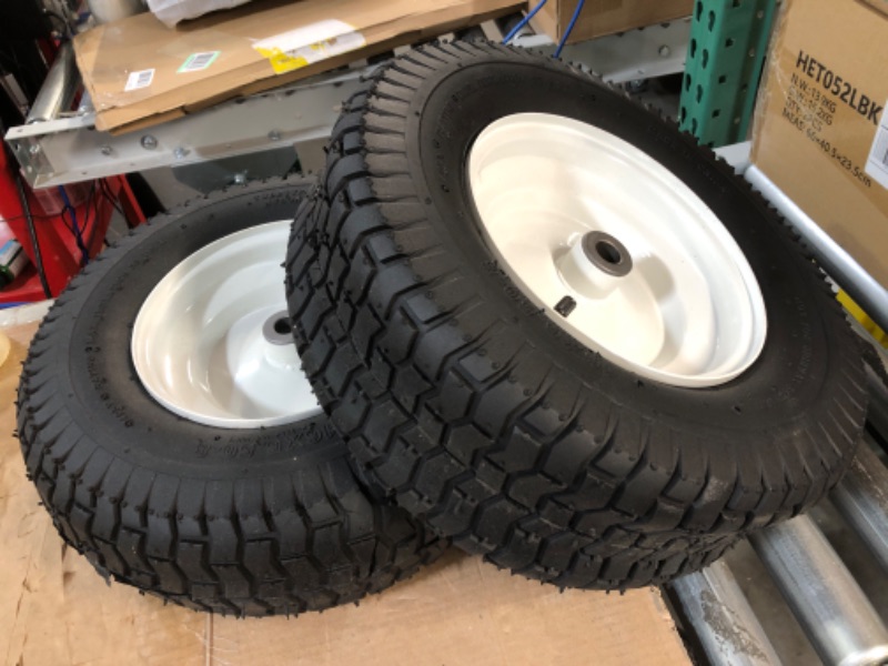 Photo 2 of (2-Pack) 16x6.50-8 Pneumatic Tires on Rim - Universal Fit Riding Mower and Yard Tractor Wheels - With Chevron Turf Treads - 3” Centered Hub and 3/4” Bushings - 615 lbs Max Weight Capacity