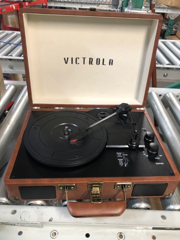 Photo 2 of Victrola Vintage 3-Speed Bluetooth Portable Suitcase Record Player with Built-in Speakers | Upgraded Turntable Audio Sound| Includes Extra Stylus | Brown Brown Record Player