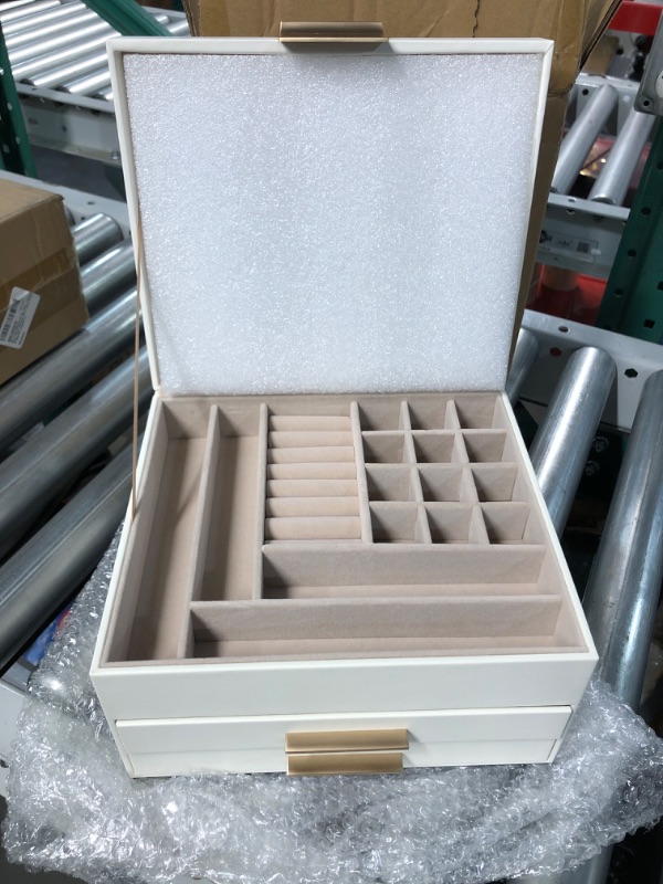 Photo 1 of *APPEARS NEW* SONGMICS Jewelry Box with Glass Lid, 3-Layer Jewelry Organizer, 2 Drawers, Cloud White and Gold Color?8" D x 9.1" W x 5.3" H 