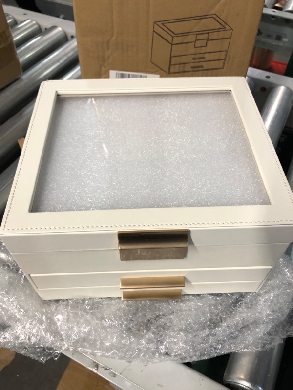 Photo 1 of *APPEARS NEW* SONGMICS Jewelry Box with Glass Lid, 3-Layer Jewelry Organizer, 2 Drawers, Cloud White and Gold Color?8" D x 9.1" W x 5.3" H 