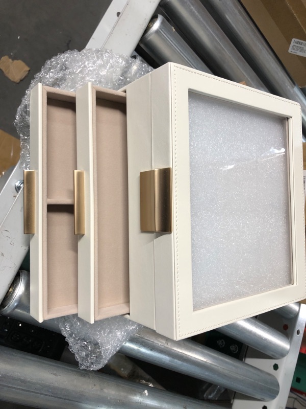 Photo 1 of *APPEARS NEW* SONGMICS Jewelry Box with Glass Lid, 3-Layer Jewelry Organizer, 2 Drawers, Cloud White and Gold Color?8" D x 9.1" W x 5.3" H 