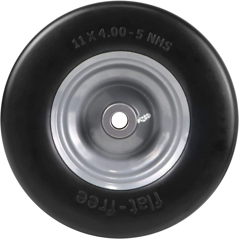 Photo 1 of 11x4.00-5" Flat Free Lawn Mower Tire on Wheel, 3/4" or 5/8" Bushing, 3.4" -4" -4.5" -5" Centered Hub, Universal Fit Smooth Tread Tire for Zero Turn Lawn Mowers