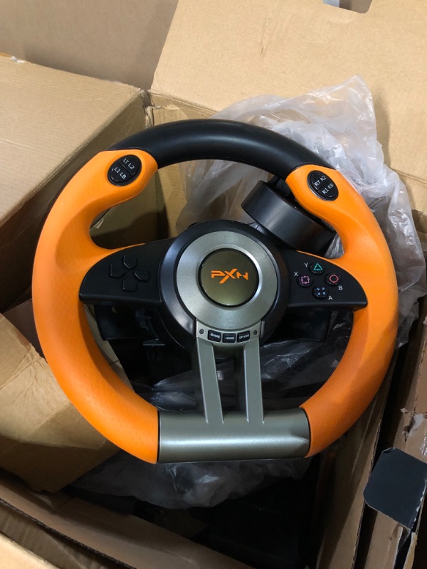 Photo 3 of Game Racing Wheel, PXN-V3II 180° Competition Racing Steering Wheel with Universal USB Port and with Pedal, Suitable for PC, PS3, PS4, Xbox One, Xbox Series S&X, Nintendo Switch - Orange