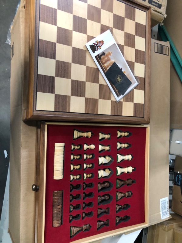 Photo 2 of A&A 15" Magnetic Wooden Chess Set/Folding Board / 3" King Height German Knight Staunton Chess Pieces/Mahogany & Maple Inlaid /2 Extra Queen/Board Games Chess Sets for Adults and Kids Mahogany & Maple Inlay