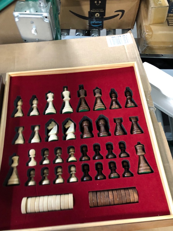 Photo 5 of A&A 15" Magnetic Wooden Chess Set/Folding Board / 3" King Height German Knight Staunton Chess Pieces/Mahogany & Maple Inlaid /2 Extra Queen/Board Games Chess Sets for Adults and Kids Mahogany & Maple Inlay