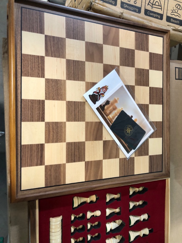 Photo 6 of A&A 15" Magnetic Wooden Chess Set/Folding Board / 3" King Height German Knight Staunton Chess Pieces/Mahogany & Maple Inlaid /2 Extra Queen/Board Games Chess Sets for Adults and Kids Mahogany & Maple Inlay