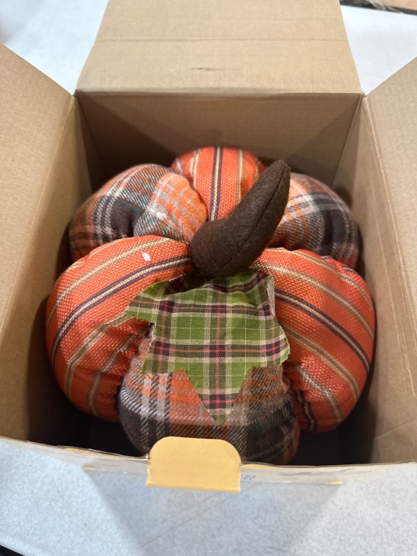 Photo 2 of DomeStar Artificial Pumpkin Decoration?10 Inches Large Fake Pumpkin Fabric Plaid Stuffed Pumpkin Buffalo Check Pumpkin Fall Centerpieces for Table Farmhouse Fall Harvest Wedding Halloween Thanksgiving Color 2