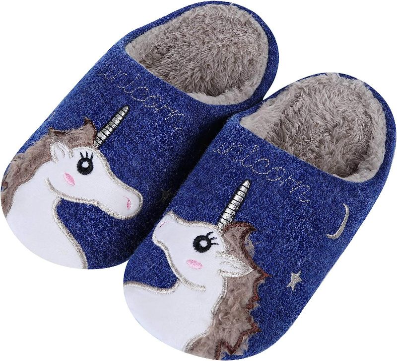 Photo 1 of shevalues Cute Animal Slippers for Kids | Girls Boys Fuzzy Indoor Slippers | Embroidered Unicorn Hedgehog House Shoes 2-2.5 Little Kid Navy Unicorn