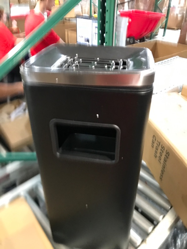 Photo 2 of (Dented)IRONWALLS Indoor Outdoor Garbage Can, Black Stainless Steel Commercial Trash Can with Lid, Industrial Waste Container, Decorative Trash Receptacle for Patio, Shopping Center, Office