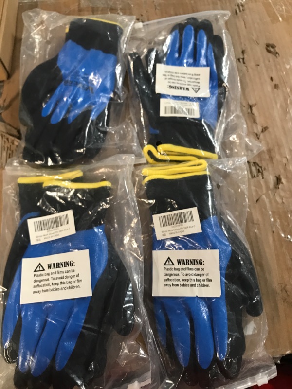 Photo 2 of (lot of 4) Winter Nitrile Work Gloves Fleece Lined Waterproof Thermal Warm for Outdoor Ice Snow Tear Resistant Garden Gloves Blue