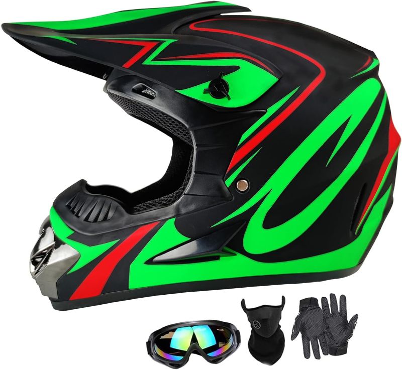 Photo 1 of Youth Dirt Bike Helmets Fashion Adult Motocross Helmet - 4Pcs Set (Blackgreen, X-Large)
