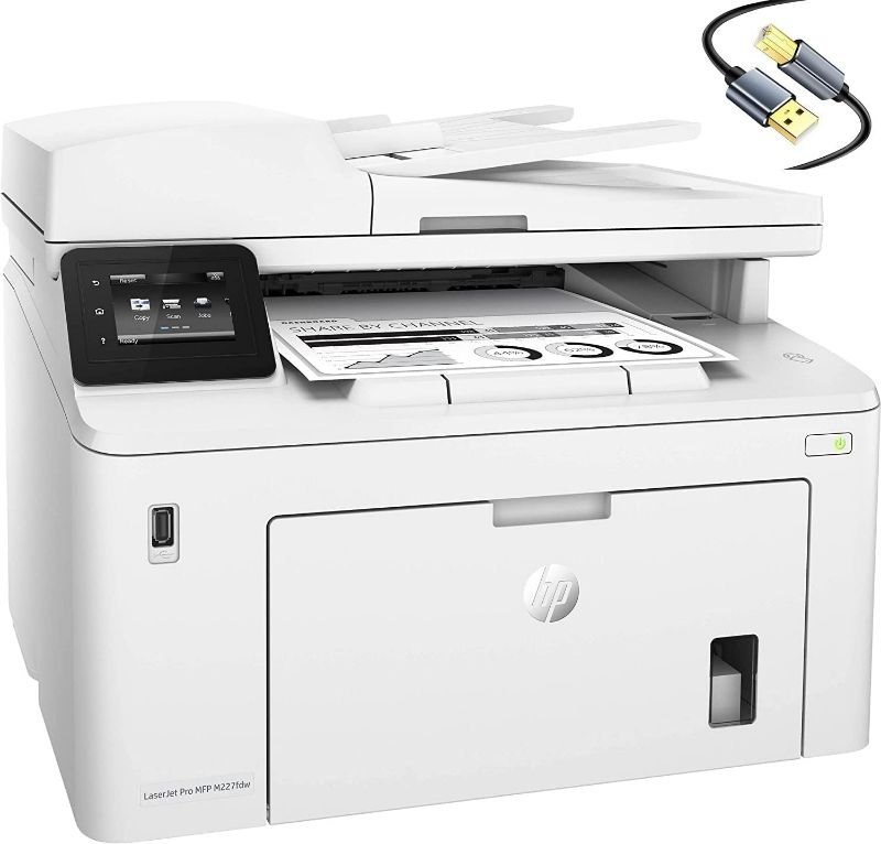 Photo 1 of HP Laserjet Pro MFP M227fdw All-in-One Wireless NFC Monochrome Laser Printer - Print Scan Copy Fax -2.7" Touchscreen, 30 ppm, Auto Duplex Printing, 35-Sheet ADF, Ethernet, White, Cbmou Printer Cable