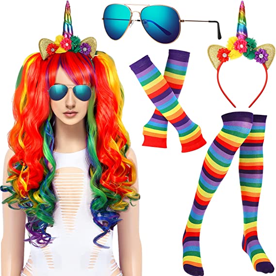 Photo 1 of Janinka 5 Pcs Halloween Rainbow Women Cosplay Costume Colorful Rainbow Curly Ponytail Wig & Socks Gloves Rainbow Unicorn Headband Sunglasses for Halloween Cosplay Party Costume Accessory Supplies Set