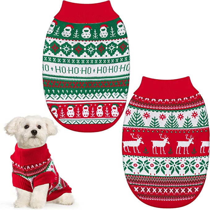 Photo 1 of 2 Pack---- Tiibot 2 Pack Christmas Pet Sweaters Xmas Winter Knitwear with Reindeer Snowman Soft Warm Dog Clothes Argyle Christmas Pet Coats Outfits for Kitty Puppy Cat, Medium