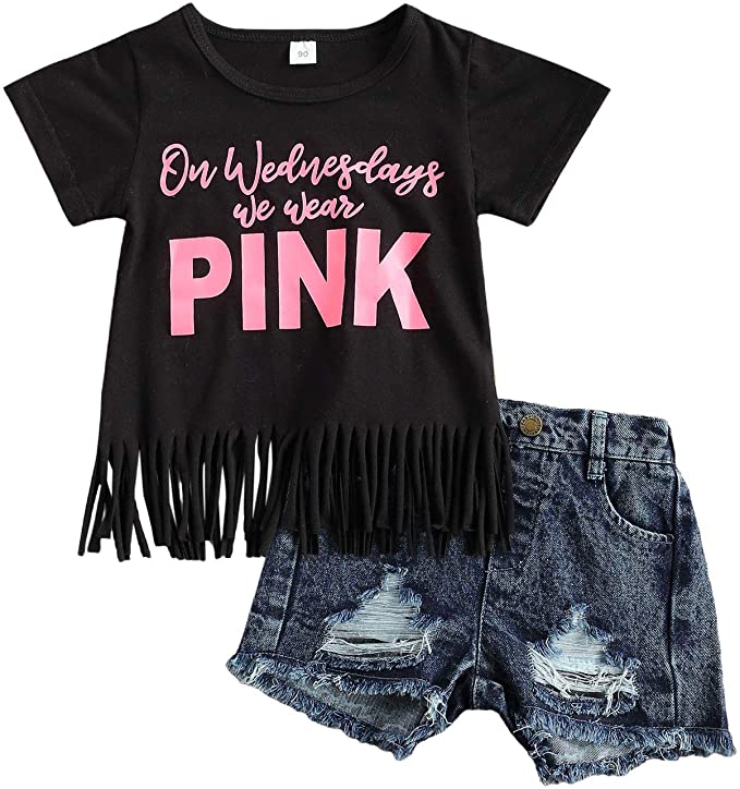 Photo 1 of KMBANGI Kids Toddler Baby Girl On Wednesday We Wear Pink Letters Print Tassel T-shirt Tops Ripped Denim Shorts Summer Outfit
4-5T