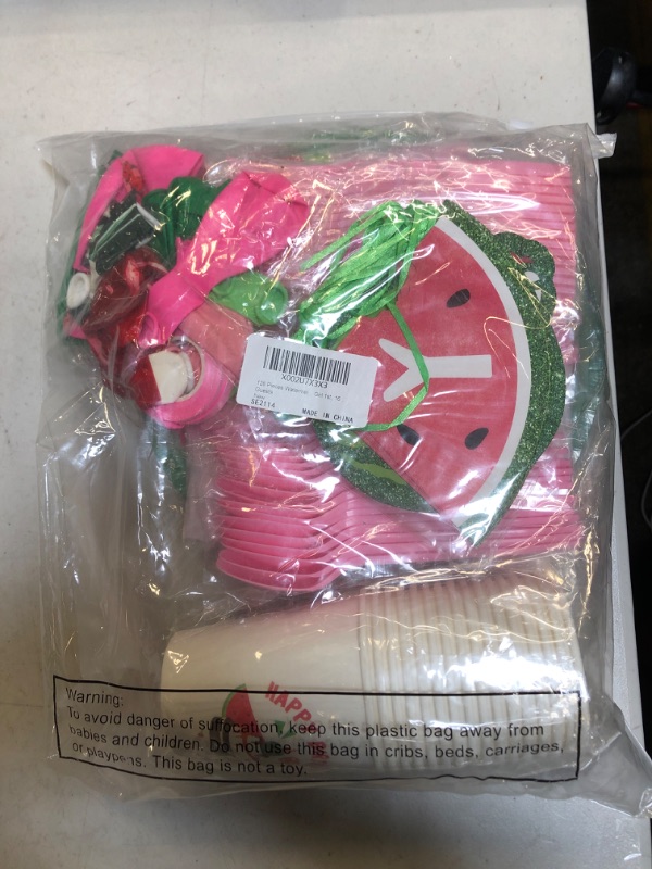 Photo 1 of 128 Pieces Watermelon Birthday Party Decoration Includes One in a Melon Party Supplies Watermelon Balloons Birthday Banner Tablecloth Plates Cup Napkin Spoon Fork Cutlery for Boy Girl 1st, 16 Guests
