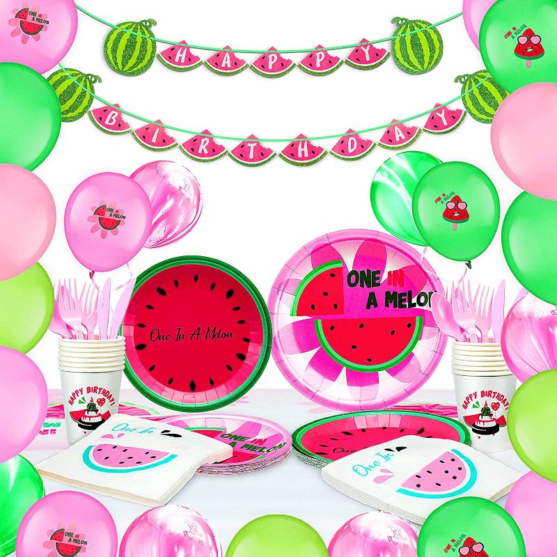Photo 1 of 128 Pieces Watermelon Birthday Party Decoration Includes One in a Melon Party Supplies Watermelon Balloons Birthday Banner Tablecloth Plates Cup Napkin Spoon Fork Cutlery for Boy Girl 1st, 16 Guests
