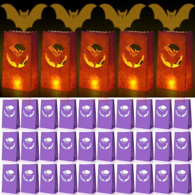 Photo 1 of 48 Pieces Halloween Luminary Paper Bags Flame Resistant Candle Bags 10.4 x 6 Inch Halloween Candle Holder Bag with Bat Silhouette Luminary Paper Bag for Halloween Party Decorations