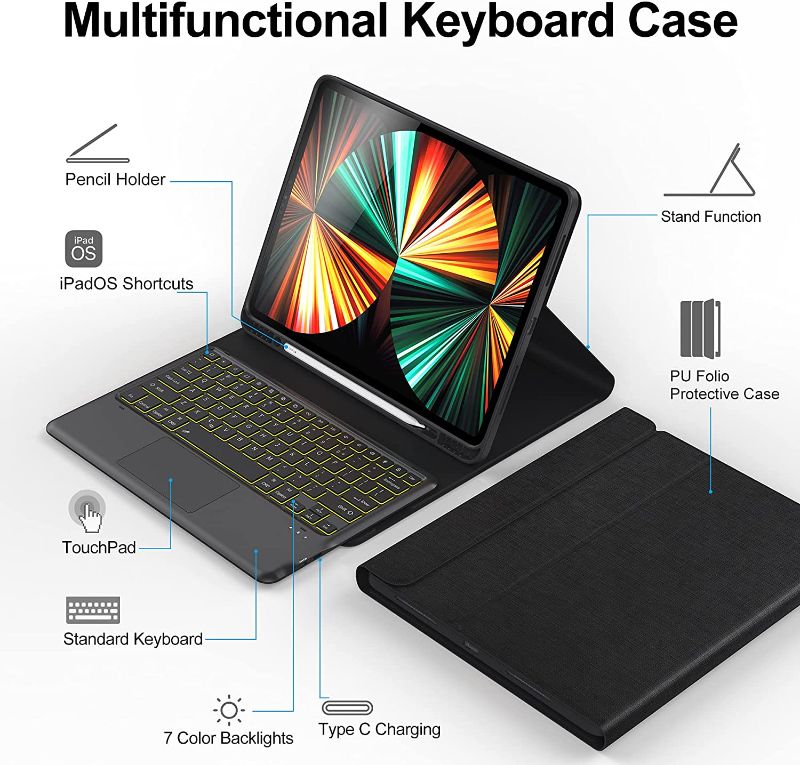 Photo 3 of Detachable Keyboard Case Compatible with iPad Pro 11 inch 2021/2020/2018, Case for iPad 3 Gen 2021, PU Folio with Stand, Pencil Holder, TouchPad, 7 LED Backlight, Wireless Smart Keyboard Cover, Black - ++++FACTORY SEALED++++
