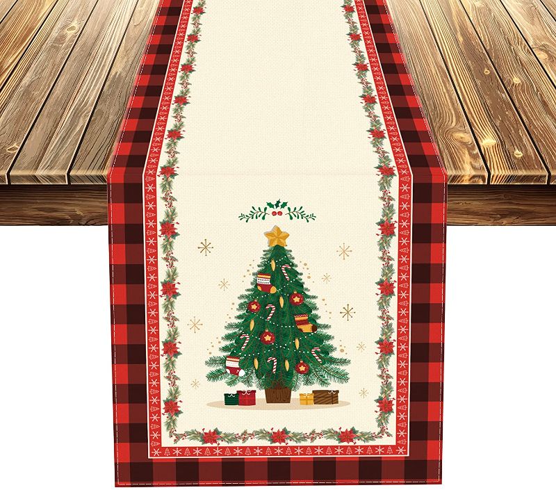 Photo 1 of Christmas Table Runner, Classic Red Buffalo Plaid Dining Table Decorations for Winter Holiday/Parties, Burlap with Xmas Pine Tree Home Party Decor 13 x 72 Inch (2 PACK)