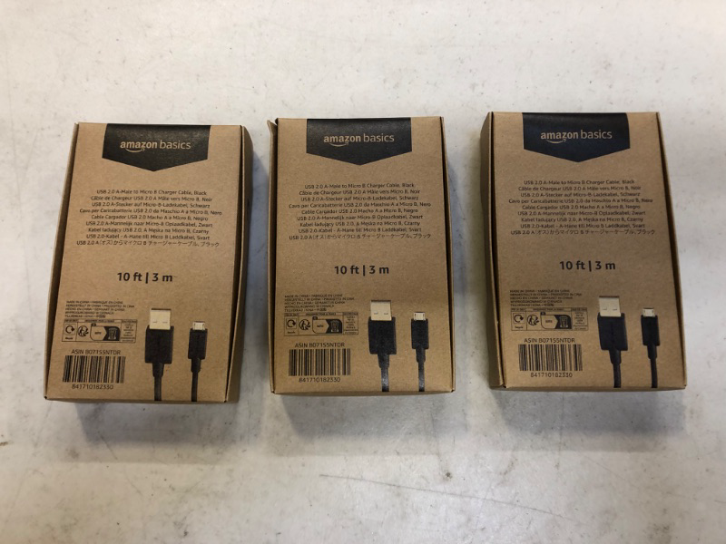 Photo 1 of Amazon Basics USB 2.0 A-Male to Micro B Cable, 10 feet, Black --- 3 PACK 