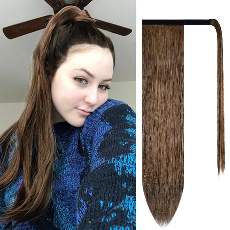 Photo 1 of BARSDAR 24 inch Ponytail Extension Long Straight Wrap Around Clip in Synthetic Fiber Hair for Women - Darkest Brown mix Auburn Evenly 24 Inch Darkest Brown mix Auburn Evenly