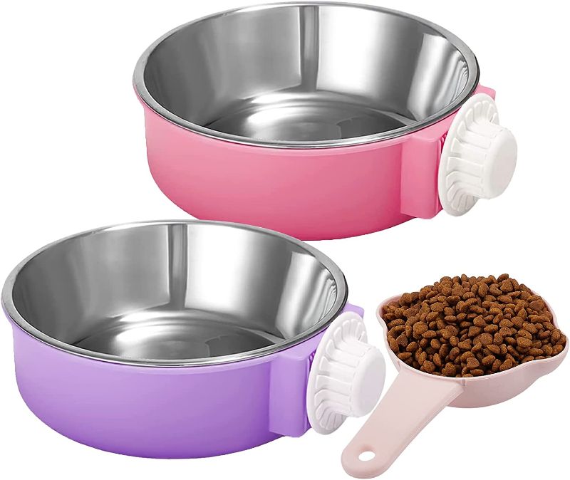 Photo 1 of 2Pack Crate Dog Bowl with Scoop, Water Food Feeder Stainless Steel Removable Cage Coop Cup with Scoop for Pet Dogs, Puppy (Pink+Purple)
