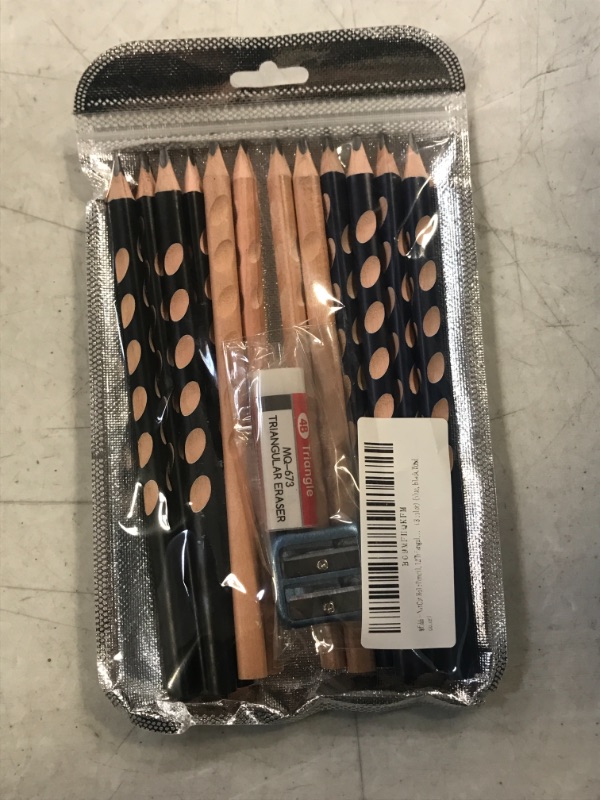 Photo 2 of NatCot Triangle Thick Pencils 12PCS Easy to Hold Kid Wooden HB Grip Pencil Pre Sharpened for Beginners Children and Adults with Sharpener and Eraser Blue, black,Wood color