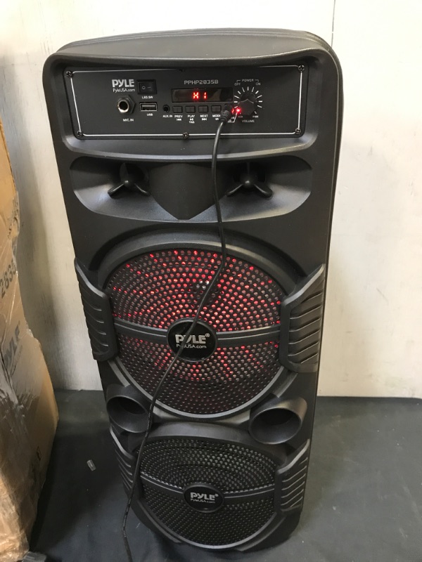 Photo 4 of Pyle Portable Bluetooth PA Speaker System - 600W Rechargeable Outdoor Bluetooth Speaker Portable PA System w/ Dual 8” Subwoofer 1” Tweeter, Microphone In, Party Lights, USB, Radio, Remote - PPHP2835B