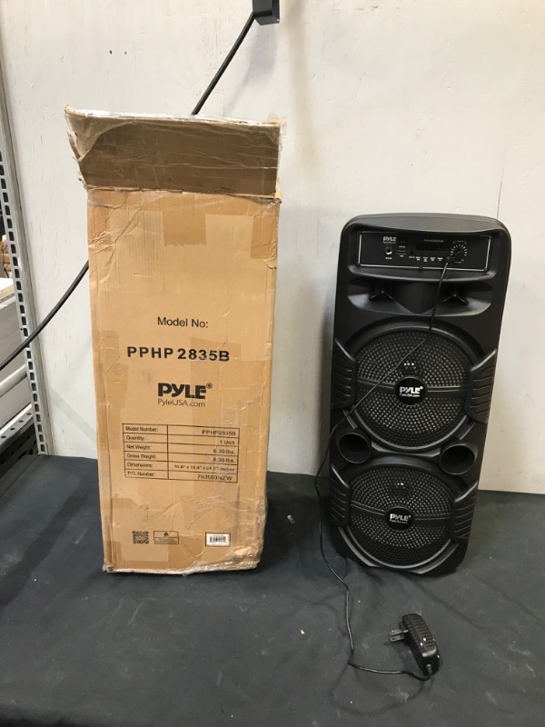 Photo 2 of Pyle Portable Bluetooth PA Speaker System - 600W Rechargeable Outdoor Bluetooth Speaker Portable PA System w/ Dual 8” Subwoofer 1” Tweeter, Microphone In, Party Lights, USB, Radio, Remote - PPHP2835B