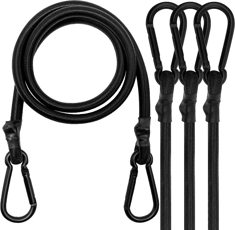 Photo 1 of Bungee Cords with Carabiner, 40 Inch Long Heavy Duty Bungee Cords with Carabiner Clip Outdoor, 3/8 Inch Black Extra Strong Elastic Rope with Carabiner Hooks for Camping, Tarps, Bike Rack, Tent, 4 Pack
