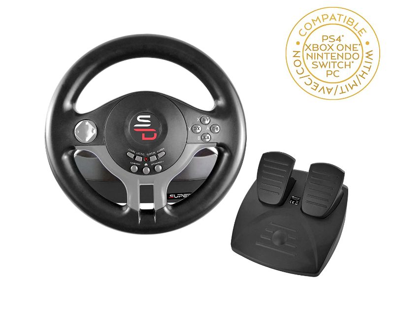 Photo 1 of Superdrive - racing Driving Wheel with pedals and gearshift paddles for Nintendo Switch - Ps4 - Xbox One - PC - Ps3 - ITEM IS DIRTY AND HAS SOME SCRATHCES FROM USE -