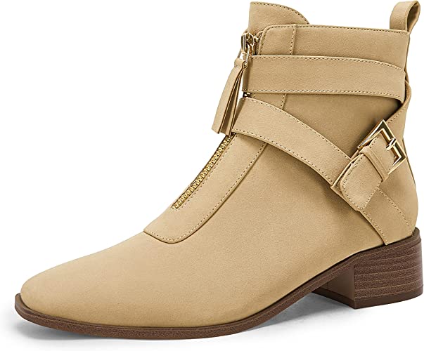 Photo 1 of Coutgo Women’s Closed Pointed Toe Ankle Booties Side Zipper Strappy Buckle Low Chunky Heel Winter Warm Boots with Tassel - SIZE 8 -