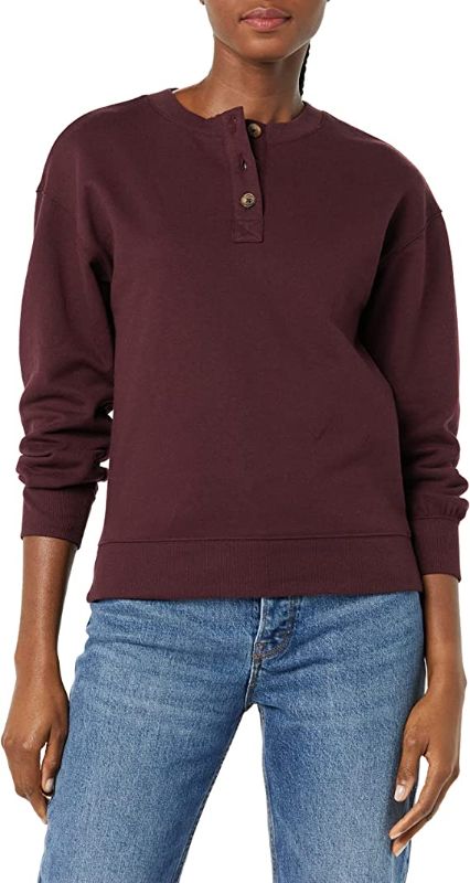 Photo 1 of Amazon Essentials Women's Relaxed-Fit Henley Fleece Sweatshirt - LARGE -