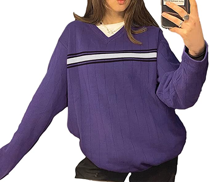 Photo 1 of BZB Womens Striped V Neck Oversized Sweater Casual Loose Long Sleeve Knitted Sweaters Pullover Tops - XL -