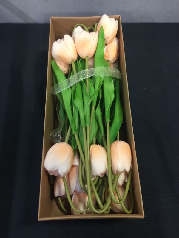 Photo 2 of ZSHCONG 24pcs Tulips Artificial Flowers 17.5”Length Half Open Real Touch Pu Fake Flowers Odorless Gift Box Package for Home Decorations Centerpieces Arrangement Wedding Bouquet (Champagne)