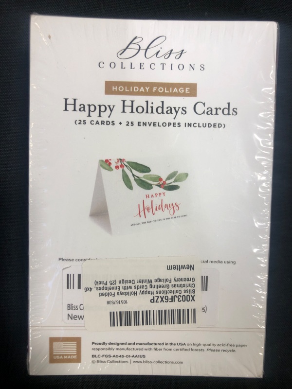 Photo 2 of Bliss Collections Happy Holidays Folded Christmas Greeting Cards with Envelopes, 4x6 Greenery Foliage Winter Design (25 Pack)