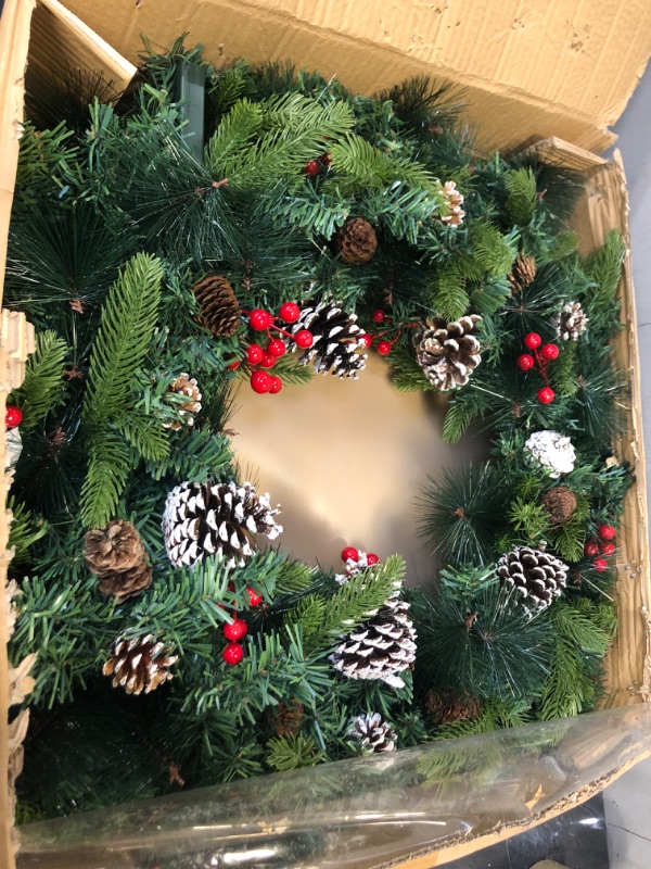 Photo 2 of 30 Inch Super Large Thick Prelit Christmas Wreath Decoration Realistic Feel 80 Lights Timer 280 Tips Giant 17 Pinecone 60 Red Berry Battery Operated Front Door Xmas Decor Indoor Outdoor Home